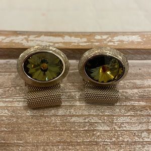 Vintage Mid Century Rivoli Oval Green Cufflinks Cuff Gold Tone